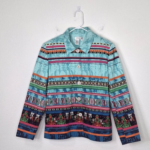 Coldwater Creek Multicolor Jacket Sz L Cotton Artsy Art-to-Wear Boho Aztec - Picture 1 of 13